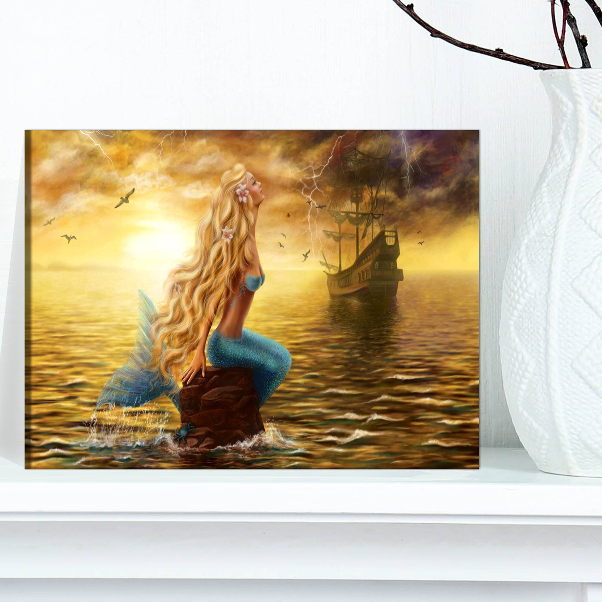 Designart - Sea Mermaid with Ghost Ship